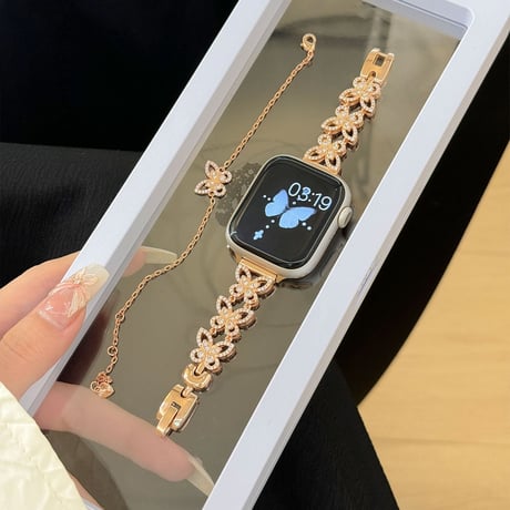 天然石ジルコン AppleWatchバンド 蝶透かし彫り AppleWatchベルト Ultra3/2/1 Series 11/10/9/8 SE3/2  高品質高級感 ブレスレット‌[M6210]
