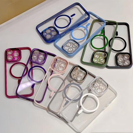 黄ばまないMagSafe iPhone15pro/15promaxケース ガラスレンズフィルム付 iPhone14Pro/13proケース  シンプル高級感 金属ボタン [M3824]