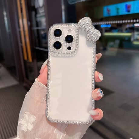 リボンデコ iPhone16pro/16plusケース ダイヤライン クリア iPhone15promax/14/13カバー オシャレ 可愛い[M5454]