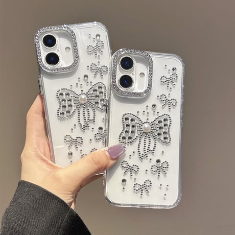 ハンドメイド iPhone16pro/16plusケース ダイヤリボンデコ iPhone15promax/14/13カバー オシャレ キラキラ[M5456]