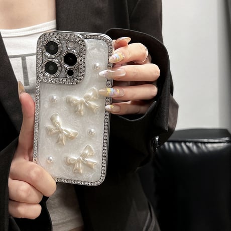 リボン iPhone16/16proケース ジュエリーデコ iPhone15plus/14pro/13カバー 頑丈 めっちゃ可愛い [M5381]
