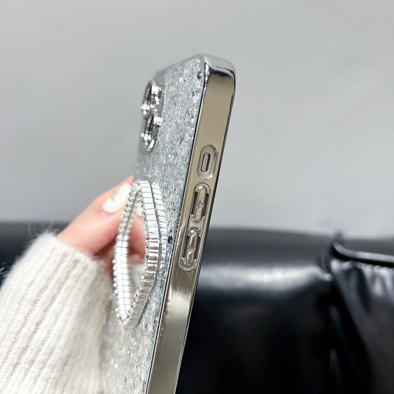 ストーン鏡付 iPhone15/15Proケース キラキラグリッター iPhone14/13P