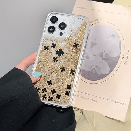 【iPhone15対応】動くグリッター iPhone14/13proケース 四葉のクローバー ネックレス かわいい  [M3471]