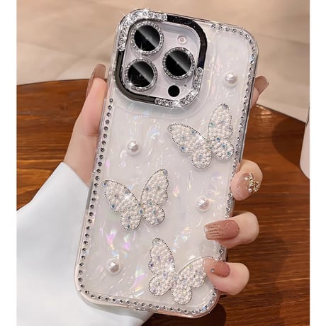 高級感蝶々 iPhone16Pro/16ケース ジュエリー/パール iPhone15promax/14/13カバー シェル柄 キラキラ  [M5488]