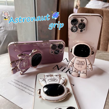 宇宙飛行士グリップ iphone14/13promaxケース ツヤ感金色枠 iphone12mini/SE3/11カバー  高級感  保護力強いソフトケース 落下防止 スタンド機能あり[M1982]