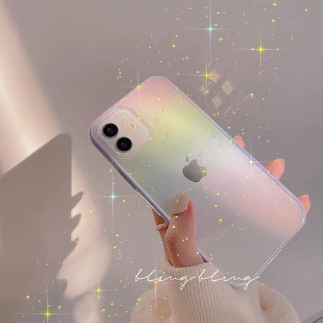 オーロラに光る iphone14/14proケース カラー枠 おしゃれクリアiphone13/12カバー  ツヤあり キラキラ 変色 頑丈M321