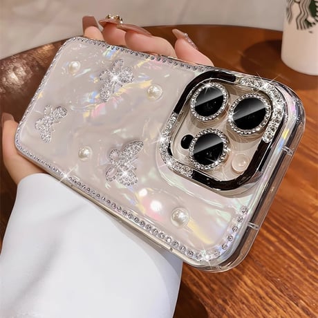 高級感蝶々 iPhone16Pro/16ケース ジュエリー/パール iPhone15promax/14/13カバー シェル柄 キラキラ  [M5488]