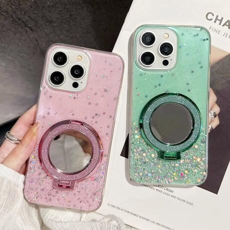 女子力高い iPhone15/16proケース magsafe対応リング スタンド付 iPhone14pro/13/12/11proカバー キラキラグリッター入り[M4495]