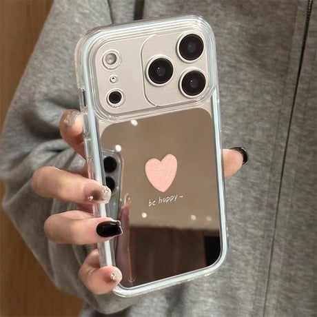 ミラー アイフォン17/17プロケース ハート柄 iPhone17Promax/16Pro/15ケース 光沢感 丈夫 ピンク/ブルーライン[M6052]