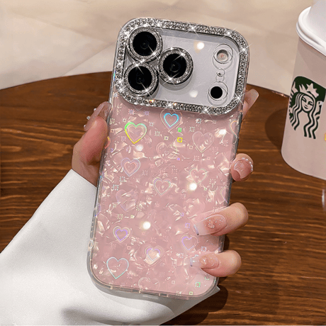 ジュエリーカメラカバー iPhone17Pro/17ケース シェル柄 キラキラハート入り iPhone17promax/Air/16proケース 大人可愛い 美しい[M5722]