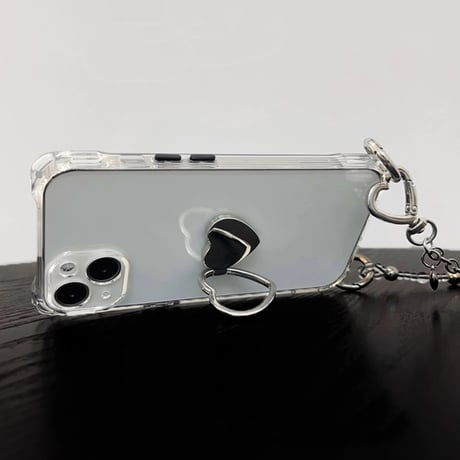 ハート鏡リング付 iPhone16pro/16ケース 高級感ショルダーチェーン クリアiPhone15promax/14/13カバー 多機能 スタンド付 黄ばまない[M5041]