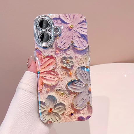 おしゃれ iPhone16/16proケース 花柄 キラキラレンズカバー iphone15pro/14/13/12proカバー  綺麗 人気[M4636]