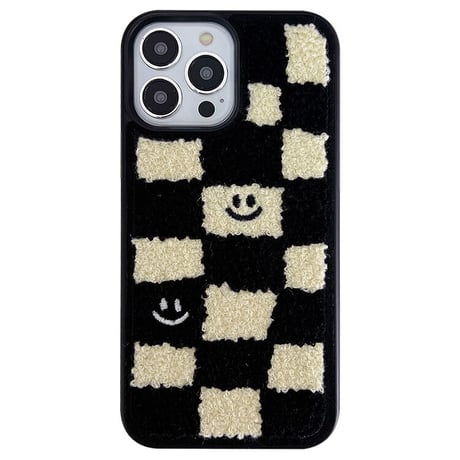 刺繡 にこちゃん iphone16/15Proケース  チェック柄 iPhone14/13/12Proカバー  秋冬人気アイテム 手さわりいい[M3589]
