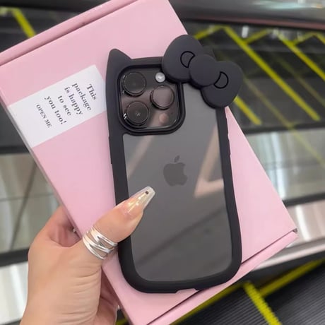 リボンデコ iPhone15/15プロケース 猫の耳 iPhone14pro/13pro/12カバー 可愛い 黄ばまない[M4318]