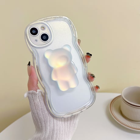 【iPhone15対応】クマさんスタンド iphone14/13proケース  クリアiphone12/11カバー 波紋枠 高級感 可愛い 実用[M2215]