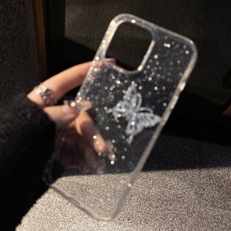 ジュエリー蝶 iPhone16pro/15promaxケース キラキララメ iPhone14/13pro/12カバー 大人可愛い 高級感[M5237]