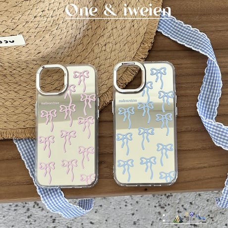 リボン ミラーiPhone16/15proケース 頑丈 可愛いiphone14/13/12proカバー 女子力アップ 便利[M4087]