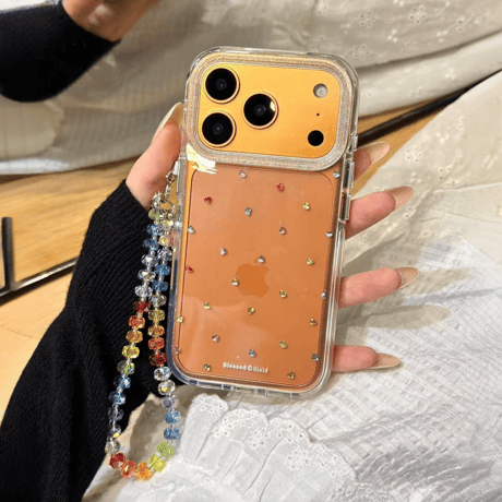 カラーハートデコ iPhone17/17proケース キラキラララメ iPhone17promax/16/15Proカバー クリスタルストラップ 黄ばまない[M5705]