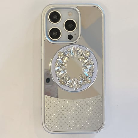 Magsafe充電 ミラーiPhone16Pro/16ケース ダイヤデコ鏡付グリップ iPhone15Pro/14Pro/13ケース 上品 スタンド 高級感 [M5460]