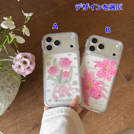 キラキラピンク花 iPhone17pro/17ケース 透明感 iPhone16promax/15pro/14ケース  女子力高い 可愛い[M6188]