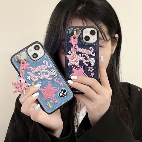 刺繡入り sweet girl iphone14/14promaxケース デニム お揃いアイフォン13/12/11カバー 星 可愛いプレゼントにおすすめ[M2251]