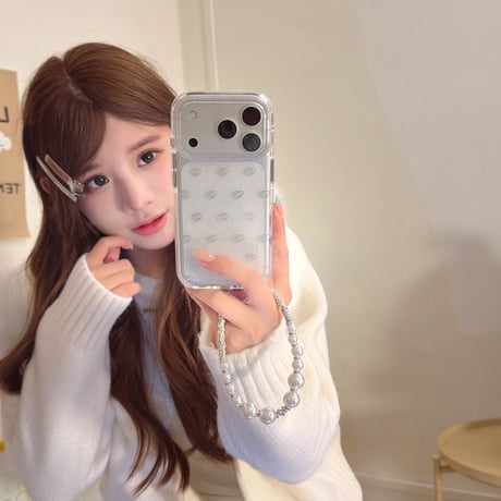 ダブルハート iPhone17/17proケース キラキララメ iPhone17promax/16/15Proカバー パールストラップ 高級感[M5834]