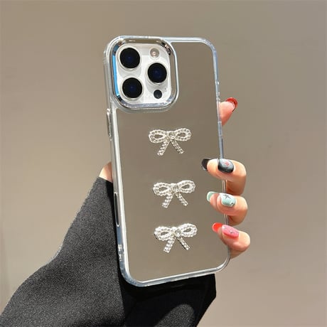 ジュエリーリボン 鏡 iPhone17Pro/17ケース 光沢感 iPhone Air/17Promax/16カバー 大人可愛い 頑丈 [M5757]