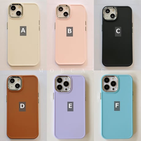 韓国風シンプル iPhone14/15ケース 銀色レンズ枠アイフォン13/12/11カバー 6色お揃い 使いやすい [M2797]