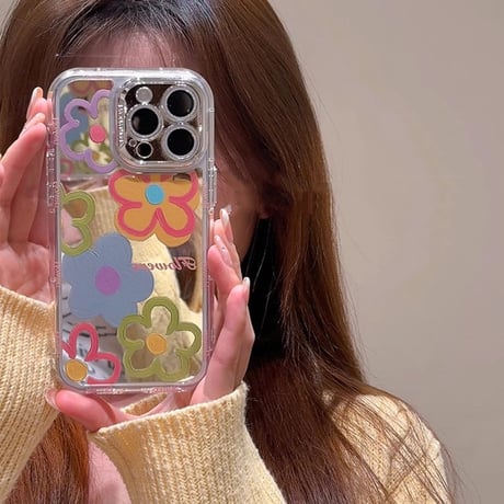 花柄 鏡 iPhone15/15proケース レンズフイルム付 iPhone14/13pro/12ケース 女子力アップ 便利 頑丈[M4157]