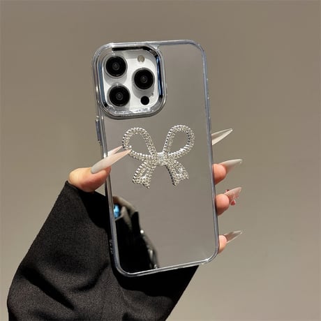 ミラー iPhone16e/16proケース ジュエリーリボン iPhone15pro/14/SEカバー  可愛いパールストラップ 高級感[M5220]