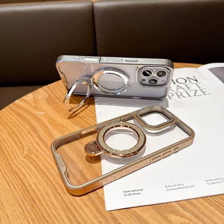 キラキラリングスタンド iPhone17Pro/16カバー ジュエリーデコ iPhone15promax/14proカバー メタルカラー 黄ばまない[M5571]