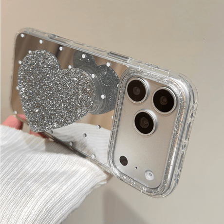 水玉模様ミラー iPhone17pro/17ケース ラメ入りハートグリップ iPhone16/15pro/14ケース 女子力高い[M6118]