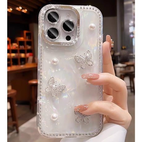 高級感蝶々 iPhone16Pro/16ケース ジュエリー/パール iPhone15promax/14/13カバー シェル柄 キラキラ  [M5488]