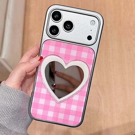 ハート型ミラー iPhone17Pro/17ケース チェック柄 iPhone17ProMax/16/15Proカバー 女子力アップ メッキ 頑丈  [M6123]