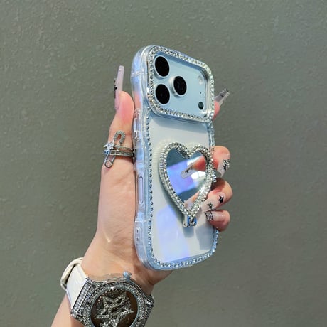 ハート型ミラーリングスタンド iPhone17/17proケース ジュエリーデコ iPhone16/15Pro/14Promaxカバー うねうねライン 高級感 便利[M6201]