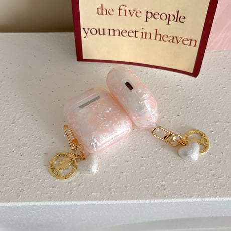 ピンクシェル柄 Airpods4ケース ハートキーチェーン付 AirpodsPro2ケース airpods3/2カバー  かわいい 女子力高い 艶感 [M5313]