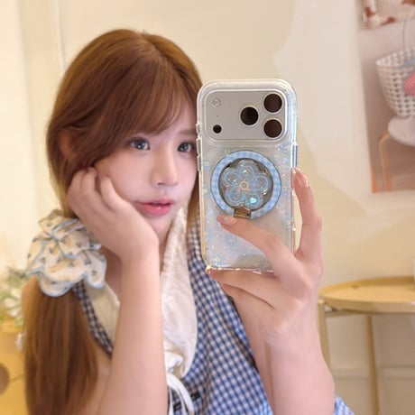 ブルー花リングスタンド iPhone17/17Proケース MagSafe対応 iPhone16Pro/15/14ケース 可愛い便利 甘めコーデ [M6434]