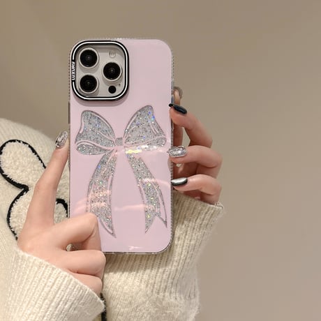 ラメリボン iPhone16pro/16ケース キラキラ ピンク iPhone15pro/14/13promaxケース おしゃれ 女子力UP [M5057]