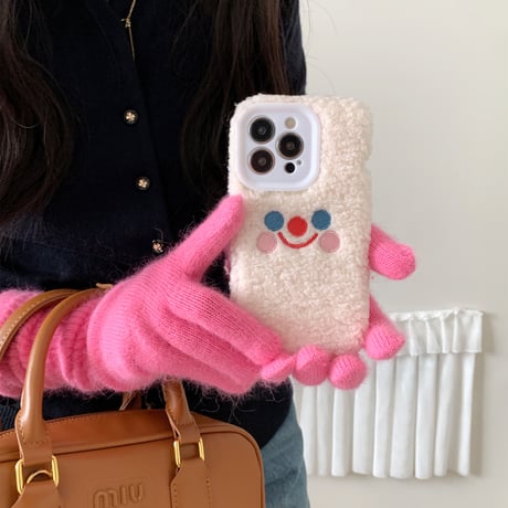 ファー 笑顔 iphone15/15Proケース  刺繡入り iPhone14/13/12Proカバー  かわいい 秋冬人気アイテム 手さわりいい[M3590]