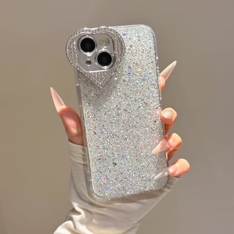 ハート型カメラ保護 iPhone16/16Proケース ジュエリーデコ iPhone15/14pro/13カバー グリッター入り 大人可愛い [M5311]