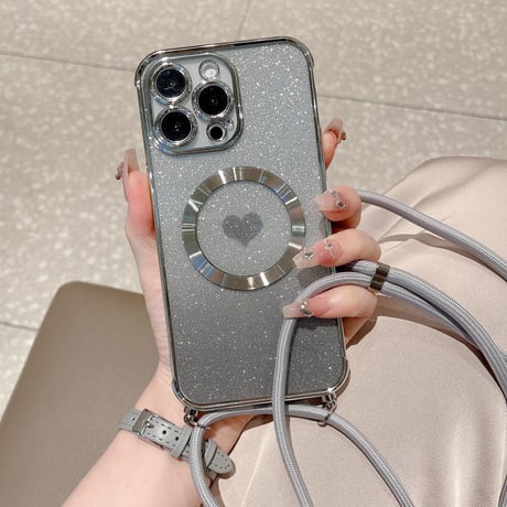 ショルダー iPhone16/15proケース MagSafe対応 ハート柄 キラキラ iphone 14/13/12カバー ラメいりシート付[M3574]