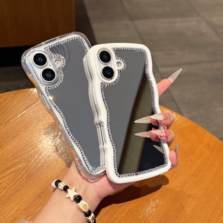 うねうねジュエリー枠 iPhone16pro/16ケース メイク直し鏡 iPhone15promax/14/13/12カバー 夏に人気 落下防止[M5234]