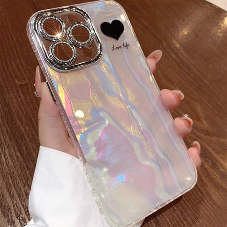 シェル風 iPhone16/14/15proカバー ハート柄 キラキラレンズフィルム付 オシャレ 綺麗 女子力アップ お揃い [M3520]