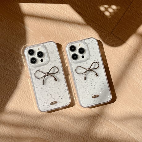 リボン iPhone15/15pro/16plusケース キラキララメ入り iPhone14/13pro/12ケース 女子力アップ シック[M3859]