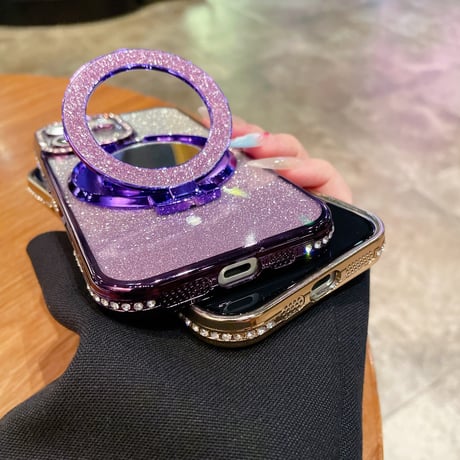 メイク直しミラー iPhone16/16Proケース Magsafeリングスタンド ジュエリー iPhone15Pro/14/13Proカバー 大人気 コスパ最強[M4585]