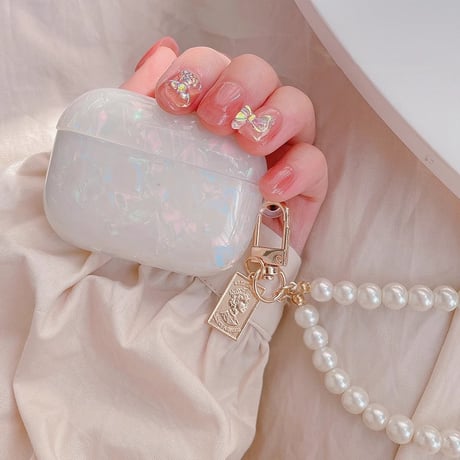 Airpods 4 ケース  めっちゃ可愛い シェル風 Airpodspro2/proカバー シェルチャーム/パールストラップ 女子力高い[M4723]