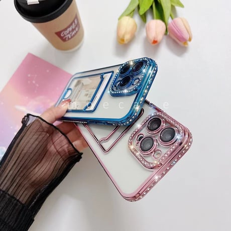 ジュエリー カード入れ iPhone14/15Proケース メッキ透明 アイフォン13/12/11カバー カメラレンズフイルム付き 綺麗 お洒落[M2733]