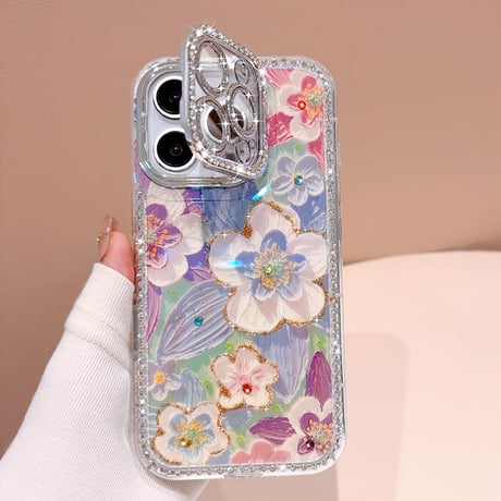 ジュエリーカメラカバースタンド iPhone17/16Proケース 油絵花柄 iPhone15pro/14/13カバー 綺麗 多機能便利[M5586]