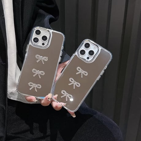 ジュエリーリボン iPhone16pro/16カバー メイク鏡付 iPhone15ptomax/14pro/13ケース おしゃれ 上品 可愛い [M5124]
