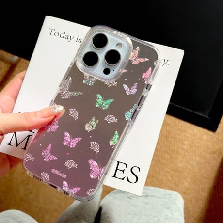 鏡付き蝶々 iPhone16pro/16ケース キラキラ 艶感 iPhone15promax/14/13proカバー 夏コーデにおすすめ [M5307]